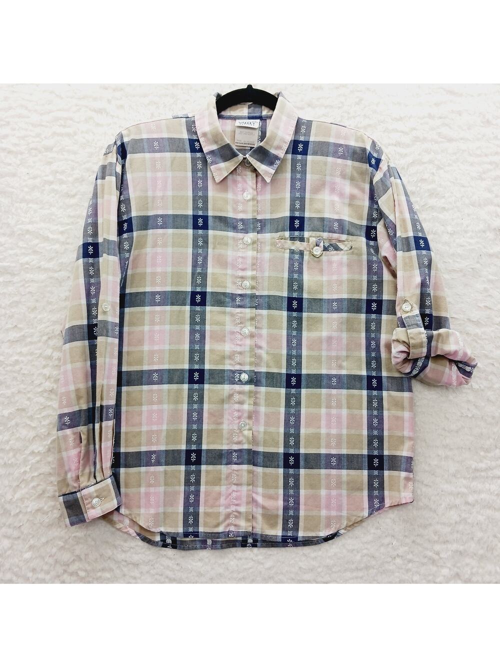 Blouse Button-Up Pink Navy Plaid Floral Long Sleeve Cottagecore Preppy VTG Sz M
